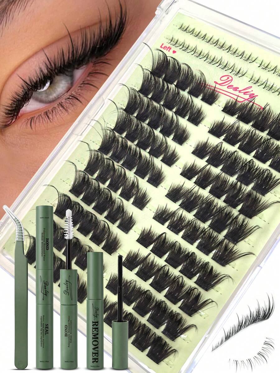 Desliy 4-In-1 Eyelash Cluster Set, Includes Cluster False Eyelashes (Upper And Lower Lashes), Eyelash Glue (Bonding And Sealing), Remover, Tweezers, Suitable For Beginners DIY At Home, Applicable For Wedding/Daily/Travel/Gift, Single Cluster False Eyelashes - Mint Green - View 1