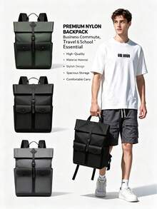 BEIQIANDAI 1pc Roll-Top Nylon Coated Backpack, Large Capacity Multi-Pocket Business Commuter Laptop Bag, Casual Travel Student School Bag - Backpack - View 1
