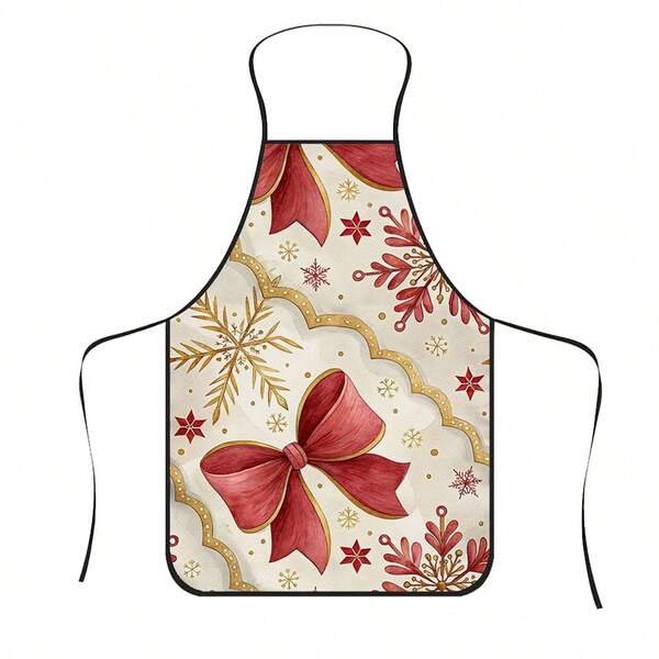 1pc Christmas Watercolor Bow & Snowflake Apron, Vintage Wavy Lace Holiday Print, Suitable For Bakers, Pastry Chefs, BBQ Enthusiasts, Florists, Gardeners, Handcrafters, Nail Artists, Home Kitchen Workers, Christmas Holiday Gift Apron