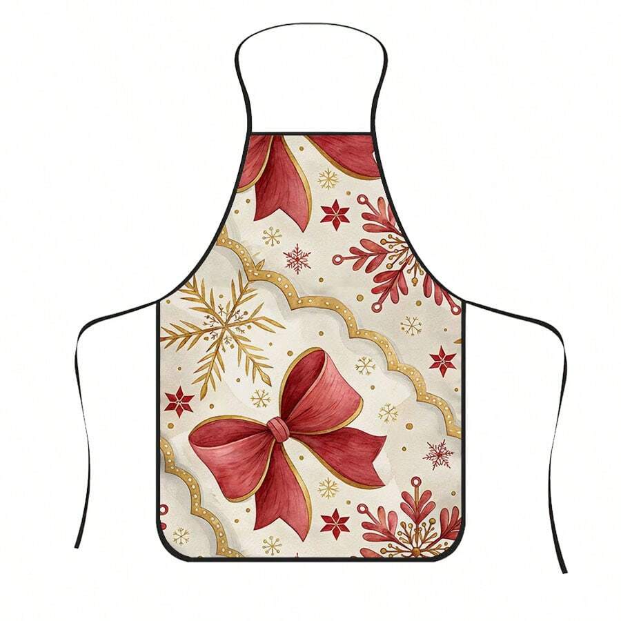 1pc Christmas Watercolor Bow & Snowflake Apron, Vintage Wavy Lace Holiday Print, Suitable For Bakers, Pastry Chefs, BBQ Enthusiasts, Florists, Gardeners, Handcrafters, Nail Artists, Home Kitchen Workers, Christmas Holiday Gift Apron - Multicolor - View 1