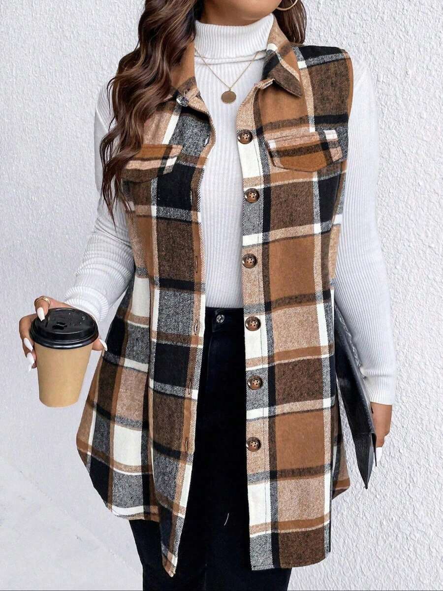 Women's Plus Size Sleeveless Plaid Button Cardigan Vest, Regular Fit Cardigan Waistcoat For Autumn/Winter - Khaki - View 1