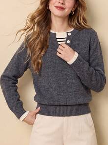 Women's Autumn Minimalist 2 In 1 Design Pullover Knit Sweater - Grey - View 4