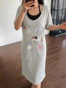 DAZY Gaun Tidur Wanita Lengan Pendek Motif Anak Anjing Lucu 2 In 1, Gaya Imut, Dekorasi Pita - Light Grey - View 6