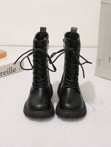 1 Pair Spring/Autumn New Casual Fashion Warm Comfortable Round Toe Mid-Calf Side Zipper Design Girls Boots, Classic Boots - Black - View 6