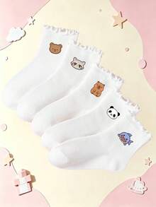 1/5 Pairs All-Season Kids Socks, Bear, Capybara, Shark, Panda, Raccoon Cute Animal Print, Versatile Short Socks For Students - Multicolor - View 1