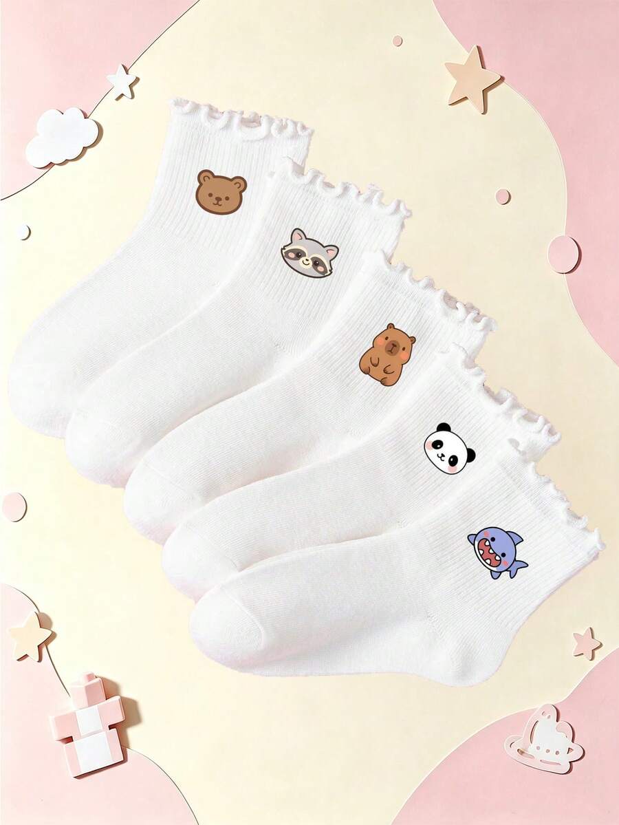 1/5 Pairs All-Season Kids Socks, Bear, Capybara, Shark, Panda, Raccoon Cute Animal Print, Versatile Short Socks For Students - Multicolor - View 1