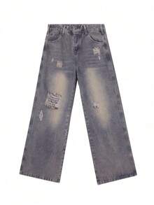 Vintage Distressed Boyfriend Jeans For Petite Women, Versatile, Slimming, Loose Wide Leg Long Pants Casual Spring Fall - Retro Blue - View 3