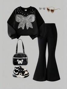 2pcs Young Girls Sweet & Cool Cute Beaded Sequin Bow Long Sleeve Sweatshirt With Solid Color Flared Pants Set, Spring/Autumn - Black - View 1