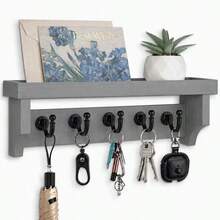Wall-Mounted Key And Mail Organizer With Shelf And Mail Storage Rack. Mail Rack With 5 Hooks, Can Be Used To Hang Coats, Dog Leashes, Or As Home Decor Shelf Or Entryway Storage Rack. - Grey - View 2