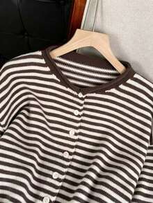 Women's Long Sleeve Color Block Striped Knit Cardigan Sweater Jacket With Buttons, Autumn/Winter Knit Top - Brown - View 8