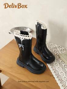 Girls' Lace Trim Mid-Calf Leather Boots, Brown & Black British Style Thick Sole Boots With Bow And Side Zipper, Autumn/Winter - Black - View 4