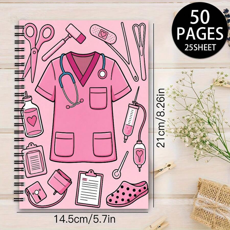 1PC A5 This Notebook Features A Pink Nurse-Themed Cover, Sized 5.7X8.2 Inches, Containing 50 Pages/25 Sheets Designed For Smooth Writing, Perfect For Nurses To Document Patient Details. It Makes A Great Gift For Nursing Professionals - Rectangle - View 1