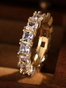 Bộ 5 nhẫn nữ thời trang hình học màu vàng, nhẫn đồng đính đầy đá Cubic Zirconia sang trọng, phù hợp cho đính hôn, Halloween và trang trí hàng ngày - Vàng - Xem 8