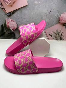Sandal Rumah Wanita Model Baru, Ringan, Desain Huruf Cetak yang Dipersonalisasi, Serbaguna, Nyaman, Lembut, Bernapas, Peredam Guncangan, Sandal untuk Berjalan - Hot Pink - View 1