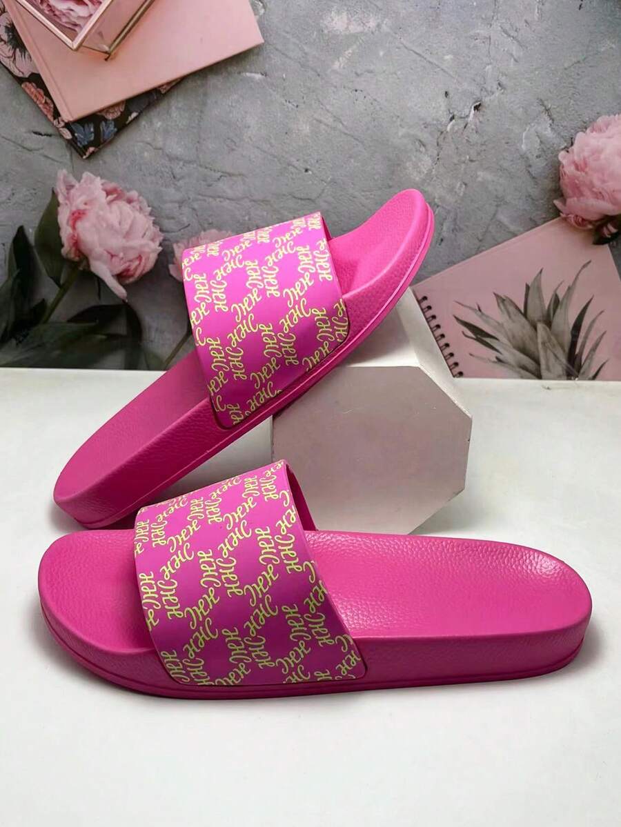 Sandal Rumah Wanita Model Baru, Ringan, Desain Huruf Cetak yang Dipersonalisasi, Serbaguna, Nyaman, Lembut, Bernapas, Peredam Guncangan, Sandal untuk Berjalan - Hot Pink - View 1