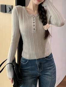 Women's Minimalist Ribbed Long Sleeve Slim Fit Cropped T-Shirt, New Autumn/Winter Base Layer Top, Random Fabric Patchwork Fall - Grayish Apricot - View 2