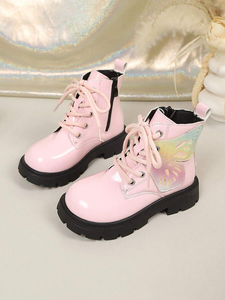 1 Pair Pink Glitter Wing Decor Simple Fashion Boots For Girls, Autumn/Winter, Toddler/Little Kids - Pink - View 1
