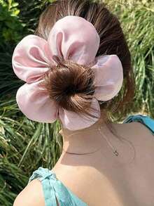 1pc/Set Large Satin Flower Scrunchie, Silk Flower Hair Tie, Korean Style Oversized Flower Hair Accessory, Elegant Cute Sponge Flower Scrunchie, Extra Large Hair Tie For Bun, Suitable For Thick Curly Hair - Multicolor - View 3