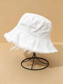 Summer Sun Protection Bucket Hat, Versatile Face-Slimming Frayed Edge Bucket Hat, Fashionable - White - View 11