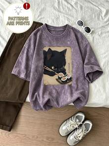 Japanese Retro Black Cat Eating Sushi Print Short Sleeve T-Shirt, Cool Niche Design, Women's Autumn Casual Summer Top - Medium Purple - View 4