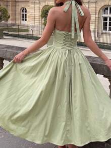 Women's Solid Color Halter Neck Ruched A-Line Back Tie Sexy Elegant Elegant Fashion Vacation Dress - Green - View 5