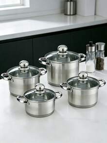 Stainless Steel Stock Pot Set With Glass Lids, Thick Anti‑Scald Handles, Induction‑Compatible Multi‑Size Cookware, Rust‑Resistant Visible Glass Lid, For Soup Stew Boiling Simmering, Perfect For Home Kitchen, Family Daily Cooking & Home Cooks - View 4
