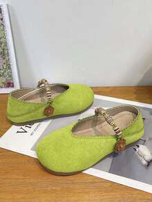 Girls' Vintage Shallow-Cut Mary Jane Shoes, Spring/Autumn Soft Sole Hook And Loop Flower Decor Princess Shoes - Green - View 5