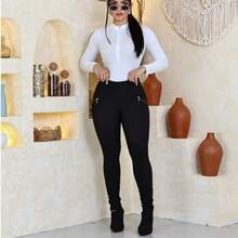 Women's Riding Pants High Waist Leggings With Golden Zipper - Black - View 10