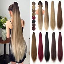 HEYPINK Claw Shaped Ponytail Extension Hair Accessory Brown Gold Burgundy Gradient Brown 38 Inch Long Wave Heat-Resistant Fiber Synthetic Ponytail Wig, Suitable For Women's Parties And Daily Use, Halloween - Black Brown - View 4