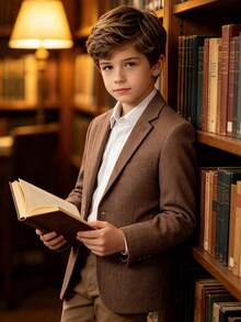 Boys' Light Brown Herringbone Suit Jacket, Notch Lapel Single-Breasted Gentleman Blazer, Suitable For Weddings, Birthdays, Photoshoots, Ceremonies - Brown - View 6
