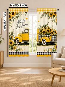 2pcs Beige American Country Style Printed Curtains, Vintage Yellow Pickup Truck Loaded With Sunflowers, Black White Yellow Plaid Trim, Hello Sunshine Heart Pattern, Pastoral Healing Living Room Bedroom Soft Light Semi-Sheer Curtains - Multicolor - View 12