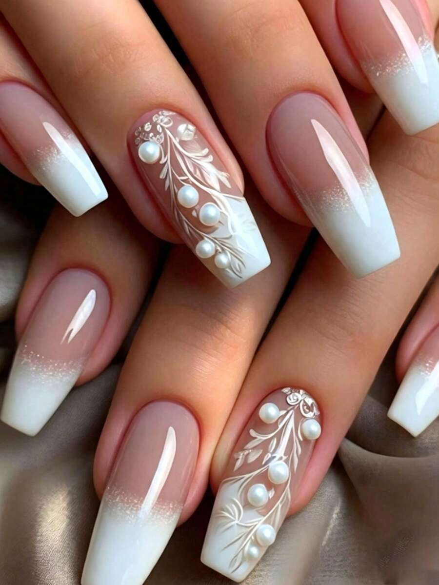 24 Pcs Long Coffin French Pink White With Grass And Pearl Reusable Acrylic Press-On Nails Y2K Style With 24 Adhesive Tabs And Mini Nail File - Dusty Pink - View 1