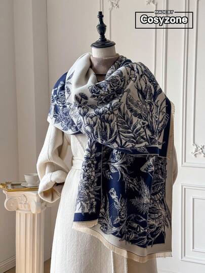 1 Buah Syal Hangat Jacquard Bunga Jacquard Imitasi Kasmir Dua Sisi Musim Gugur/Dingin untuk Wanita, Cocok untuk Pemakaian Sehari-hari