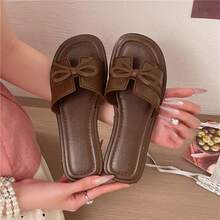 Vintage Dark Brown Bow Square Toe One-Strap Women's PVC Flat Slides, Waterproof Non-Slip Casual Slippers For Home And Outdoor Wear[Runs Small, Recommend Buying One Size Up For Better Fit] - Brown - View 10