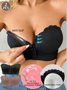 2pcs Women's Strapless Bandeau Bra, Black/Nude, Seamless Ice Silk Wireless Invisible Comfortable Bandeau Bra, Suitable For Daily, Party, Wedding - Multicolor - View 3