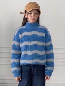 Girls' & Teens' Colorblock Striped Mock Neck Faux Mink Fur Knit Sweater, Casual Warm Top - Blue - View 4