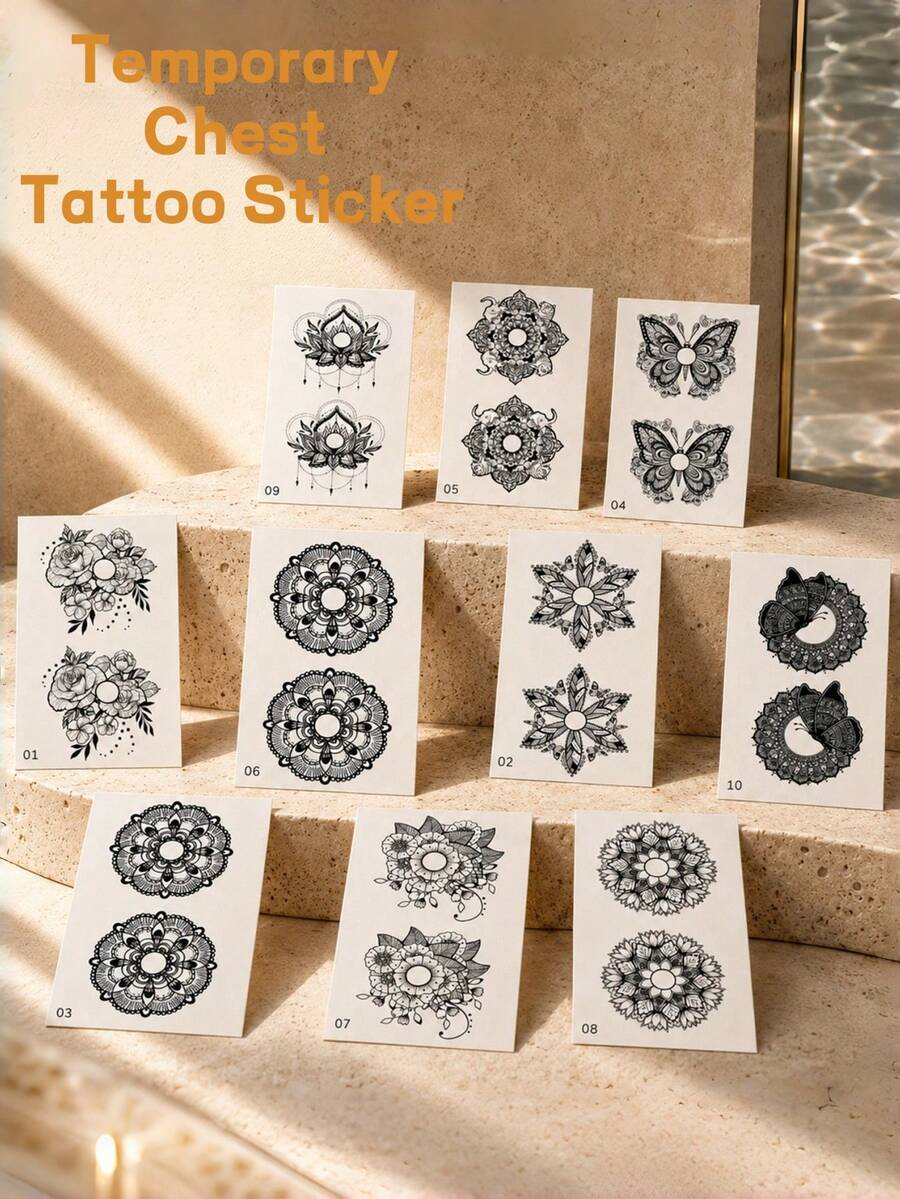 10pcs/Set Disposable Tattoo Stickers, Mandala Butterfly Sticker Set, Tassel Pattern, Women's Chest Stickers - Multicolor - View 1