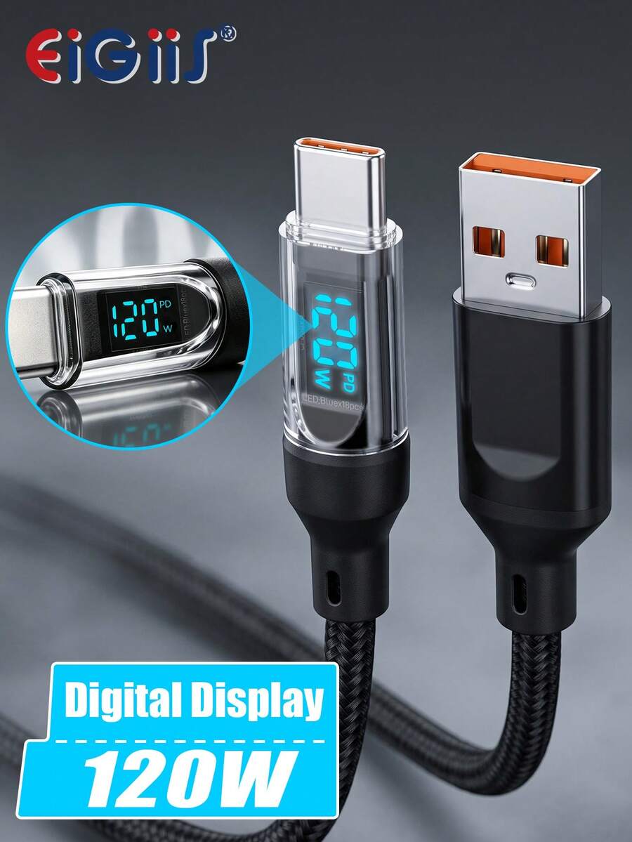 EIGIIS 1/2pcs 120W Super Fast Charging USB A To Type-C Data Cable With LED Display, Matte Texture, Supports Data Sync And PD Fast Charging, 6A High Current, Suitable For Phone - Black, Smartphone And Device Charging Adapter, USB Charging Cable