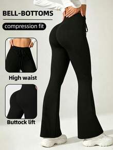 Celana Panjang Wanita Model Bell Bottom dengan Tali Serut, Gaya Kasual Ketat, Kaki Panjang, Cocok untuk Semua Musim, Potongan Longgar untuk Pakaian Kantor - Hitam - View 7