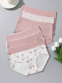 6pcs Pink Heart Print High Waist Cotton Women's Triangle Panties, Comfortable Bodycon Underwear - Multicolor - View 6