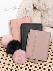 Ladies' Fashionable Short Zipper Wallet, With A Pom-Pom Charm, Portable Card Wallet With Tassel Decoration, Suitable For Daily Storage And Travel - Lilac Purple - View 4