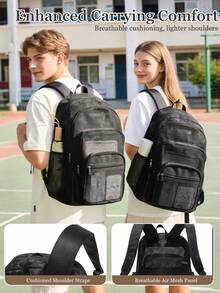 Mochila de malla transpirable negra con múltiples compartimentos, mochila escolar de gran capacidad para estudiantes, mochila casual de malla hueca, mochila escolar de campus ligera que reduce la carga, almacenamiento multicapa con múltiples bolsillos para tableta, libros y artículos de papelería, diseño de bolsillo lateral para botella de agua, mochila versátil unisex para adolescentes, mochila simple para viajes y desplazamientos diarios, correas acolchadas de malla transpirable, mochila casual de gran capacidad para portátil, mochila para desplazamientos en el campus y viajes cortos, mochila de malla transpirable y resistente al desgaste práctica para clases y actividades al aire libre - Multicolor - Ver 7