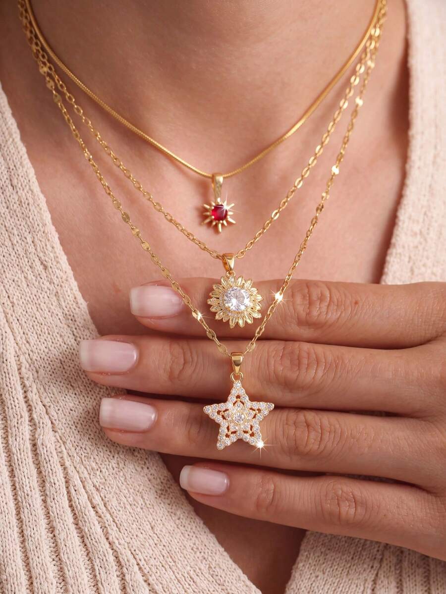3 piezas Collar colgante de diseño apilado, con colgantes de sol, girasol y estrella. El rico efecto de capas aporta una estética vintage, adecuado para uso diario, fiestas y regalos.