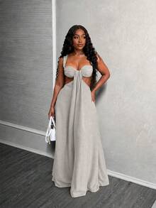 SADE Solid Color Twisted Design Camisole Low Neck Loose Woven Green Jumpsuit Sexy Avant-Garde Street Fashion Date - Beige - View 4