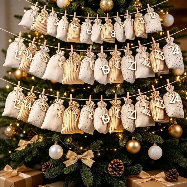 CARRIECUR 24Pcs Christmas Advent Calendar Bags, Gold Stripe Star Linen Drawstring Gift Pouches With Wooden Number Tags, Clothespins & Twine, DIY Xmas Countdown Candy Treat Gift Bags
