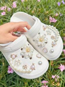 12pcs Beaded Small Chain Accessories, White Large Flower DIY Shoe Decor, Suitable For Perforated Sandals, Elegant And Fashionable, Gift For Girlfriend - White - View 5