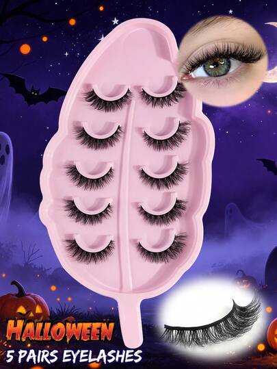 Halloween 5/10/12 Pairs 3D Faux Mink False Eyelashes, With Leaf-Shaped Tray, Natural And Realistic, Thick And Soft, Reusable, Individually Packaged, Makeup Tool, Includes Brow Brush And Optional Tweezers, Halloween Gift, Halloween Party Eyelashes, Holiday Gift For Women