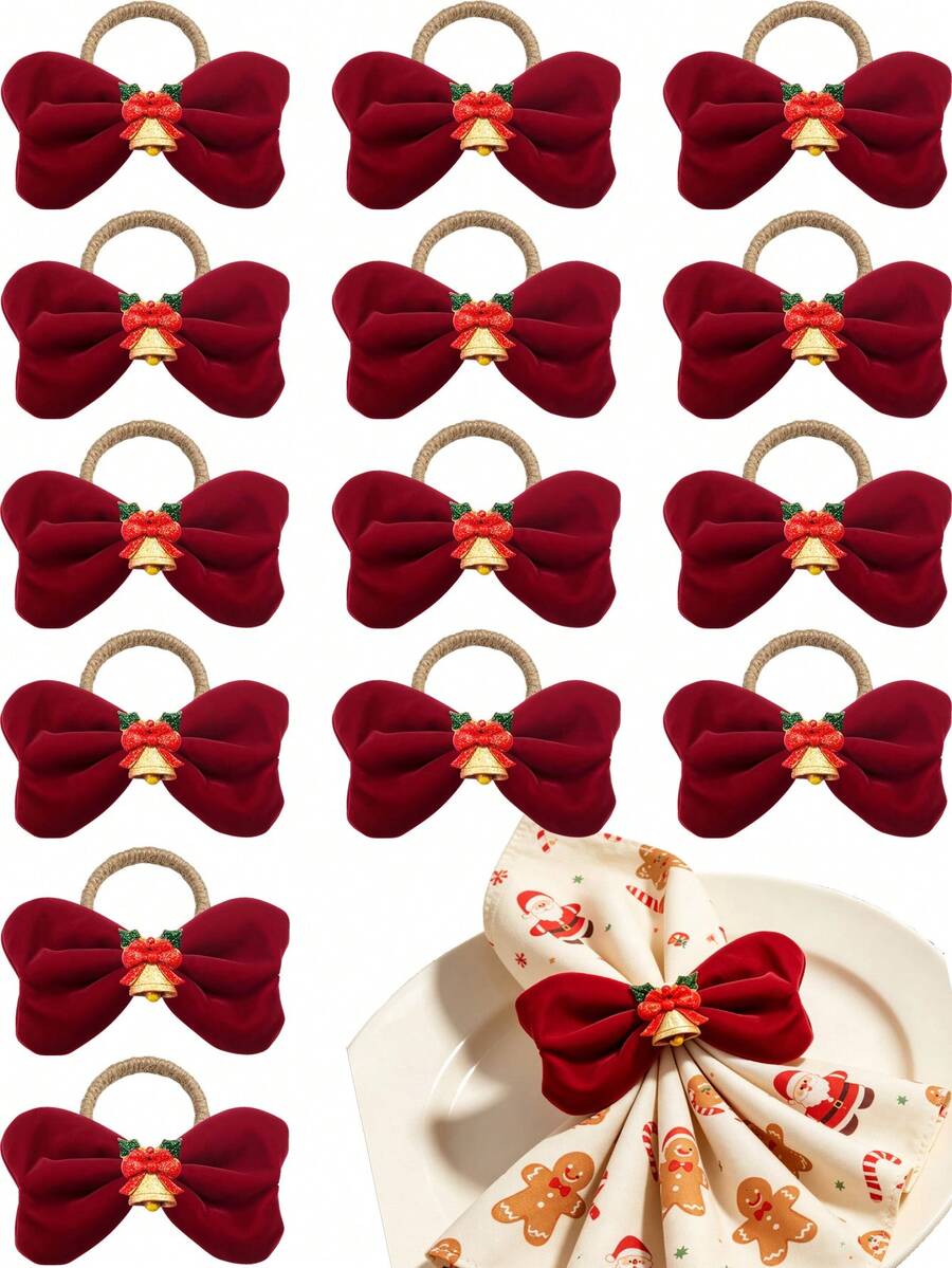 1pc/6/12pcs Christmas Bow Napkin Ring, Bow Napkin Buckle With Bell,Xmas Table Decor Napkin Holder,Holiday Party Table Setting,Home Dining Table Decor,Christmas Dinner Table Accessory For Xmas New Year Festive Banquet Decoration - Multicolor - View 1