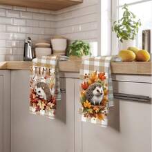 2PCS Kitchen Towel, Autumn Plaid Maple Leaf Hedgehog Pattern, 40*60cm Rectangular Microfiber Kitchen Towel, Dishcloth, Tablecloth, Hand Towel, Kitchen Decor, Home Decor, Neighbor Housewarming Gift, Kitchen Napkin And Dishcloth, Home Decor, Gift, Perfect For Kitchen And Bathroom Use - Light Grey - View 10