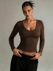 XLLAIS Women's Pure Cotton T-Shirt, Sexy V-Neck, Elastic Fabric, Brown Casual Long Sleeve Top For Autumn/Winter - Brown - View 1